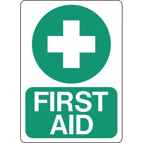 Hy-Ko "First Aid" Sign, White/Green Plastic, 10" X 6", Package Of 5