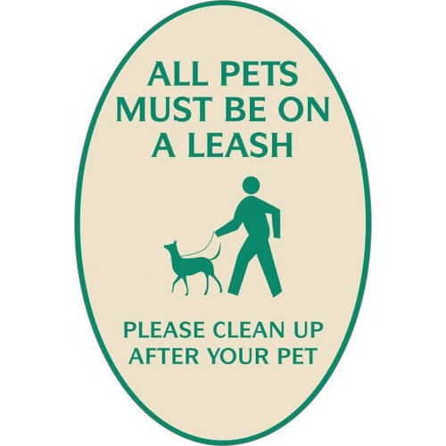 All Pets Must Be On A Leash Oval Designer Sign, Green On Ivory, 12 X 18