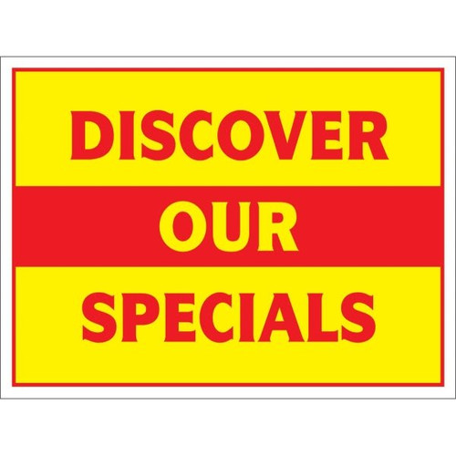 Aluminum Discover Our Specials Amenity Sign, Red And Yellow, 24 X 18