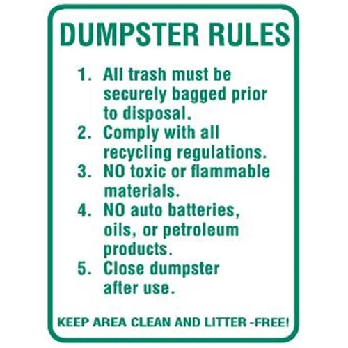 Dumpster Rules Sign, Reflective, 18 X 24