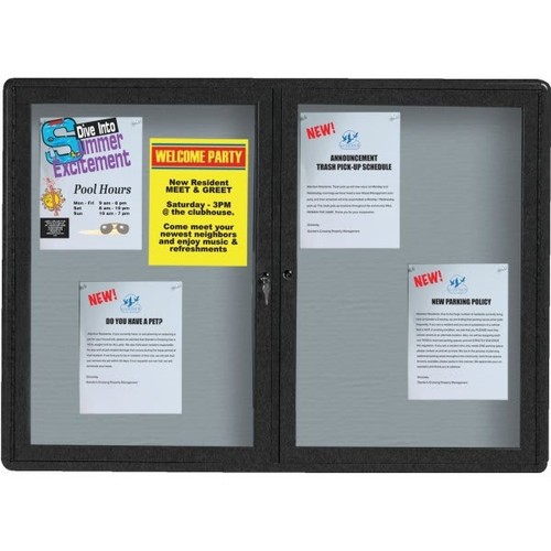 Enclosed Double Door Radius Design Bulletin Board, Wall Mount, Black, 47 X 34"