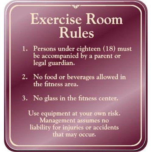 Exercise Room Rules Interior Sign, Burgundy, 12-1/4 X 12-3/4