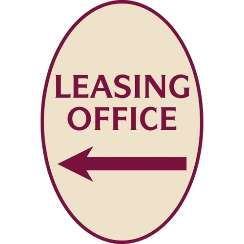 Leasing Office Oval Designer Sign W/ Left Arrow, Burgundy On Ivory, 12 X 18
