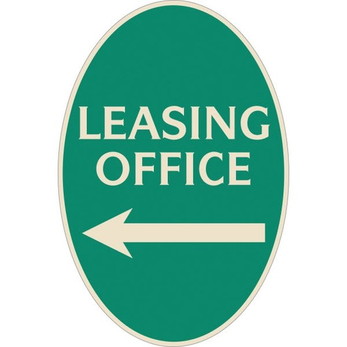 Leasing Office Oval Designer Sign With Left Arrow, Ivory On Green, 12 X 18