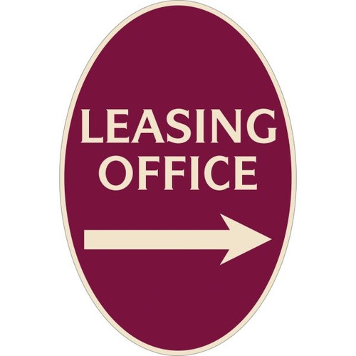 Leasing Office Oval Sign, With Right Arrow, Ivory On Burgundy, 12 X 18