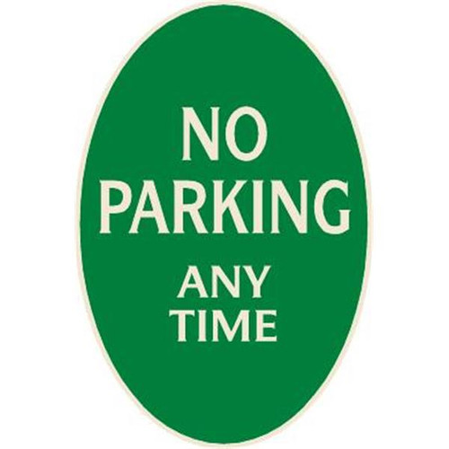 No Parking Any Time Oval Designer Sign, Ivory On Green, 12 X 18