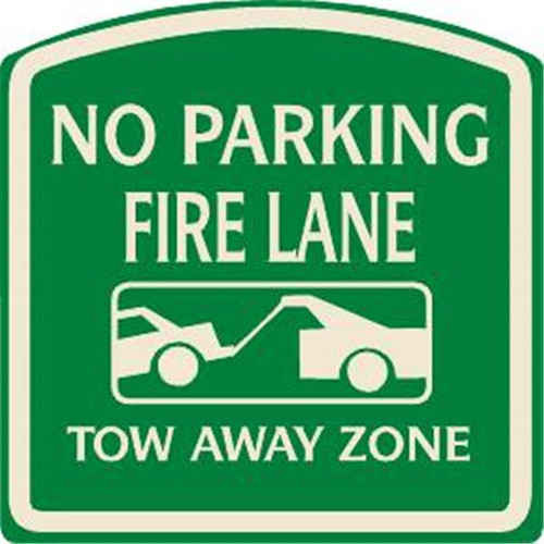 No Parking Fire Lane Sign, Ivory On Green, Non-Reflective, 16 X 16