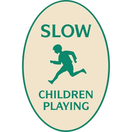 Slow/Children Playing Oval Designer Sign, Green On Ivory, 12 X 18