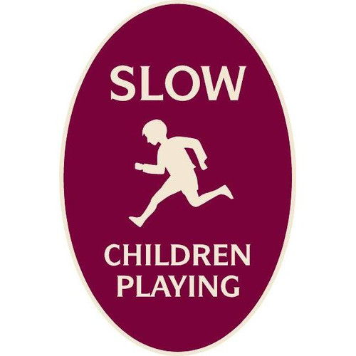 Slow/Children Playing Oval Designer Sign, Ivory On Burgundy, 12 X 18