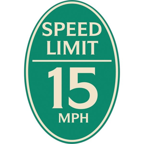 Speed Limit 15 Mph Oval Designer Sign, Ivory On Green, 12 X 18