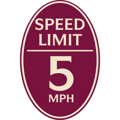 Speed Limit 5 Mph Oval Designer Sign, Ivory On Burgundy, 12 X 18