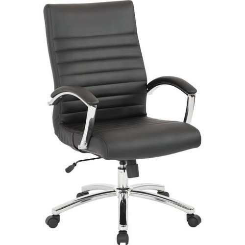 Worksmart Mid-Back Chair, Black Faux Leather, Padded Arms And Chrome Finish Base