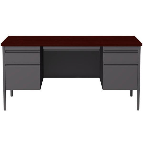 Office Dimensions Double Pedestal Office Desk With Center Drawer For Home, Office, Or School, 30" D X 60" W, Charcoal / Mahogany