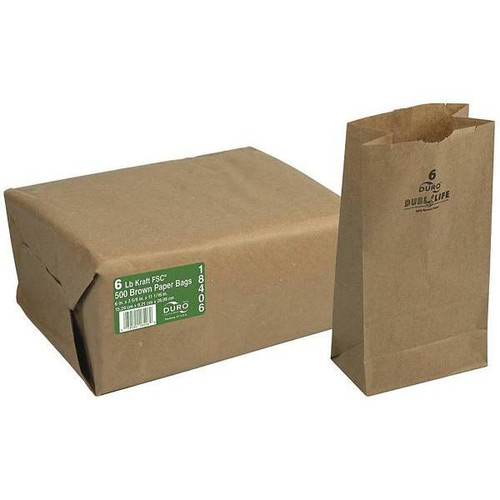 Duro 6 Lb. Size 35 Lb. Basis Weight 6" X 3-5/8" X 11-1/16" Kraft Grocery Bags, Package Of 500