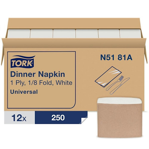 Tork Dinner Napkin, 1/8 Fold, 1-Ply, White, 17 In X 14.9 In (12 Packs X 250 Napkins)