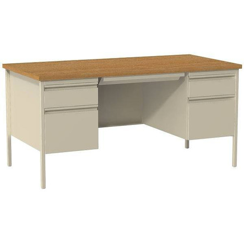 Office Dimensions Double Pedestal Office Desk With Center Drawer For Home, Office, Or School, 30" D X 60" W, Putty / Oak