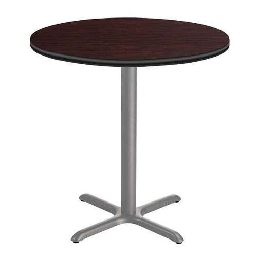 National Public Seating 36"R Cafe Table 36"H, X Base Mahogany Top, Grey Frame