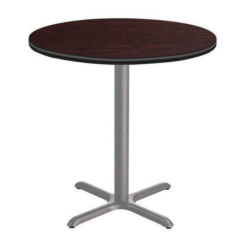 National Public Seating 36"R Cafe Table 42"H, X Base Mahogany Top, Grey Frame