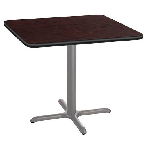National Public Seating 36"Sq Cafe Table 30"H, X Base Mahogany Top, Grey Frame