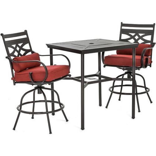 Hanover Montclair Patio Dining Set With 2 Swivel Chairs With Chili Red Cushions