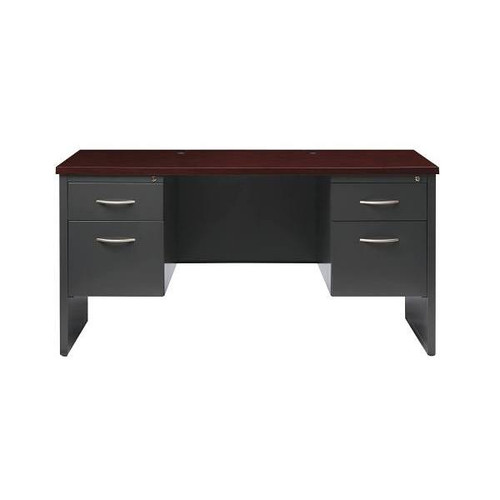 Hirsh 24dx60w Double Pedestal Desk Credenza Arch Pull Handles Charcoal/Mahogany