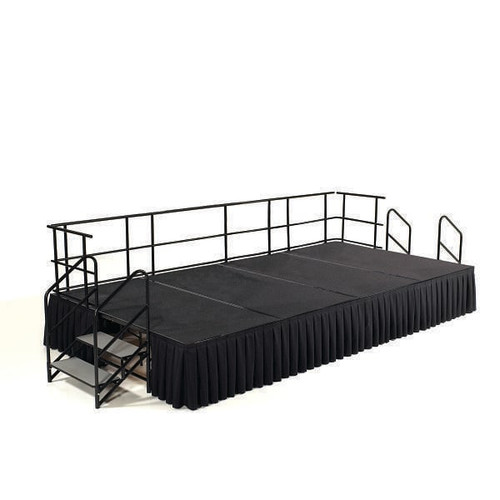 National Public Seating 8'X12'X24" Stage, Box Pleat Black Skirt, Grey Carpet