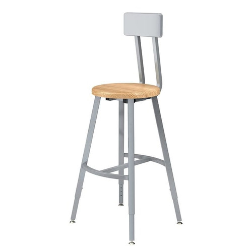 National Public Seating 24-32" Height Adjust. Stool W/Bkrst Wood Seat Grey Frame