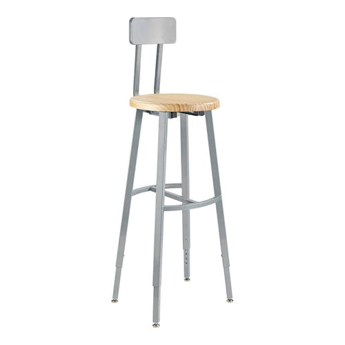 National Public Seating 30-38" Height Adjust. Stool W/Bkrst Wood Seat Grey Frame