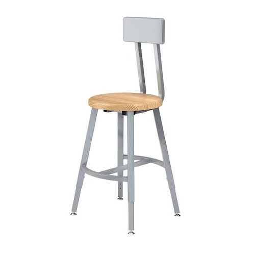 National Public Seating 18-26" Height Adjust. Stool W/Bkrst Wood Seat Grey Frame