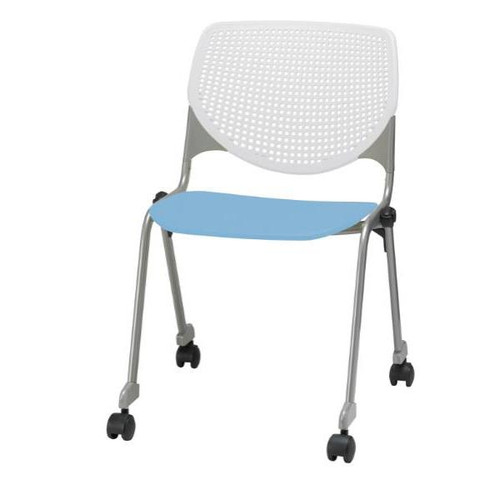 Kfi Seating Kool Stack Chair, Casters, White Back, Sky Blue Seat