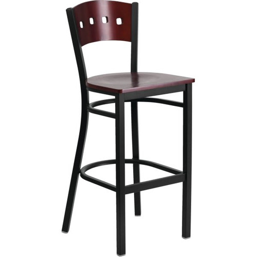 Flash Furniture Hercules Series Black 4 Square Back Metal Barstool Mahogany Wood Back And Seat