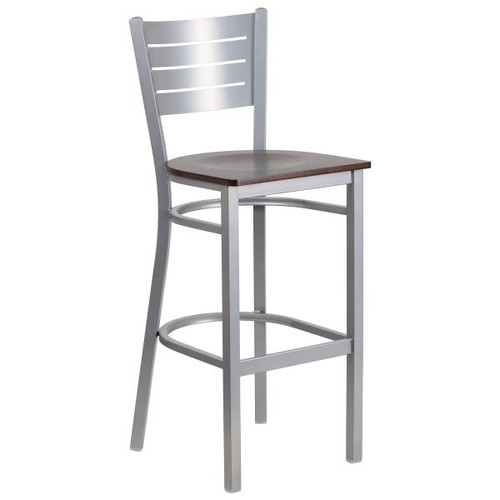 Flash Furniture Hercules Series Silver Slat Back Metal Barstool Walnut Wood Seat