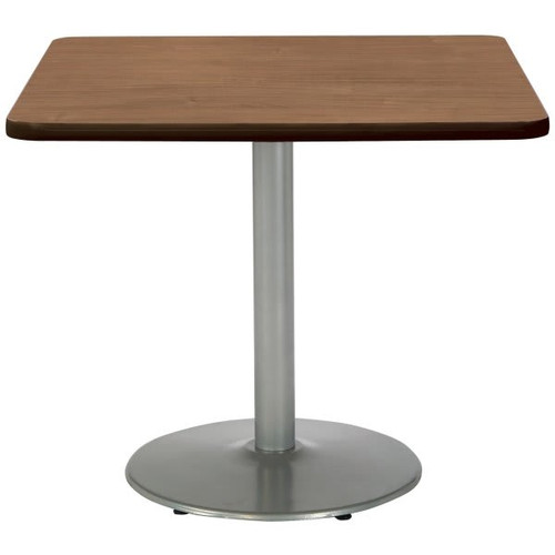 Kfi 36" Square Pedestal Table With River Cherry Top, Round Silver Base