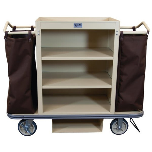 Royal Basket Trucks Deluxe Housekeeping Cart, Beige, 3 Shelves, Includes 2 Bags