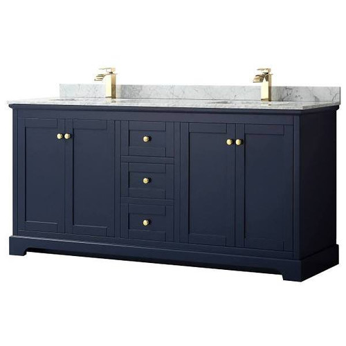 Wyndham Avery 72" Dark Blue Double Vanity, Carrara Marble Top, Square Sinks