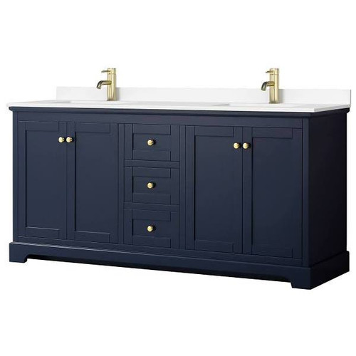 Wyndham Avery 72" Dark Blue Double Vanity, White Marble Top