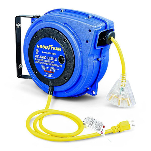 Goodyear Retractable Extension Cord Reel, 3 Grounded Outlets, 14/3, 13 Amp, 40'