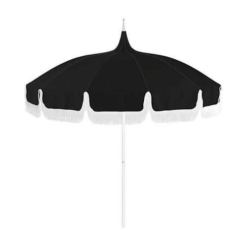 California Umbrella 8.5' White 12-Panel Classic Cut Canvas Black White Fringe