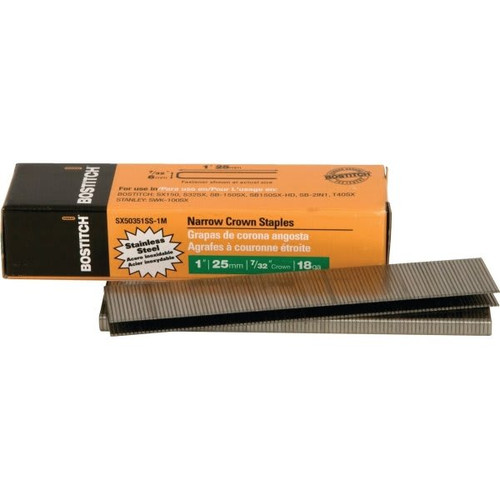 Bostitch 1" 18-Gauge 7/32" Stainless Steel Finish Staple Pack Of 1000