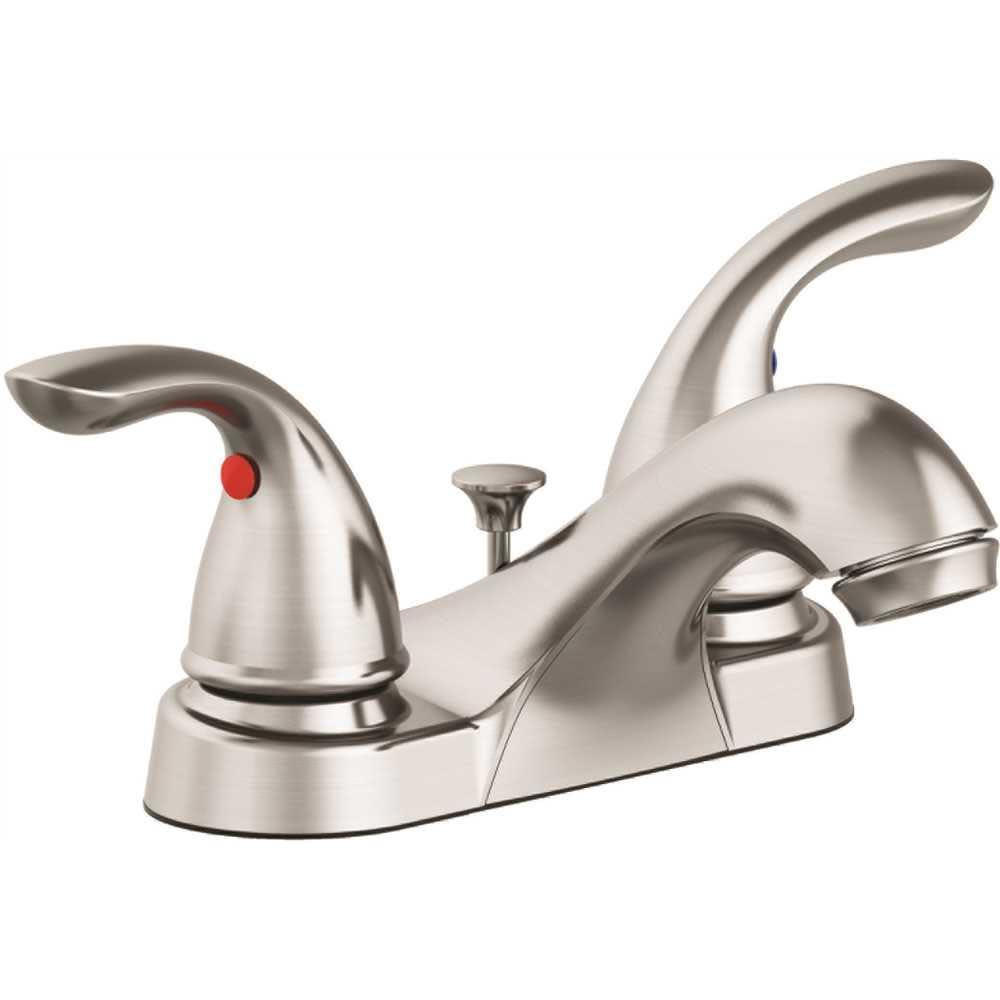 Seasons Premier Lead-Free 4 in. Centerset 2-Handle Bathroom Faucet with Brass Pop-Up in PVD Brushed Nickel
