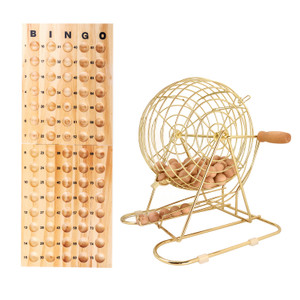 Bingo Game Set with Brass Metal Bingo Cage, Folding Wooden Master Board, 7/8" Wooden Calling Balls