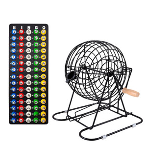 Bingo Game Set with Black Metal Bingo Cage, Plastic Master Board, 7/8" Colored Calling Balls