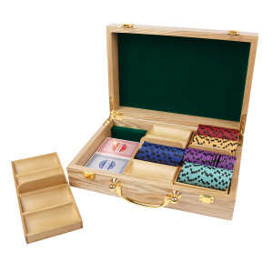 Poker Chips Carrier with 3 Wooden Poker Chip Trays for Any Thickness chips, Holds 300 Chips (Oak)