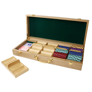 Poker Chips Carrier with 5 Wooden Poker Chip Trays for Any Thickness chips, Holds 500 Chips (Oak)