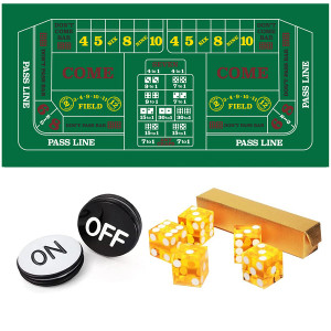 Craps Table Top Game Set, Including A Craps Layout Felt, 5 Casino Dice and A Craps ON/Off Button