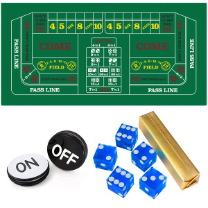 Craps Game Set. Including 5 Pieces 19mm Dice, 3" Craps On/Off Dealer Puck Button (Blue)