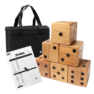 3.5-Inch Premium Oak Giant Yard Dice Set with Carrying Bag and Yardzee & Farkle Scorecard.