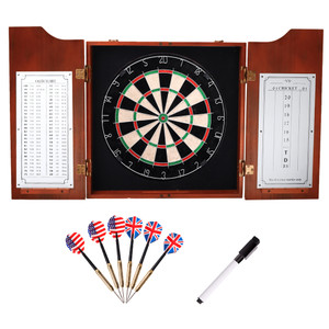 Dartboard Cabinet with Sisal/Bristle Dartboard, Dart Scoreboard, and 6 Steel Tip Darts(Mahogany)