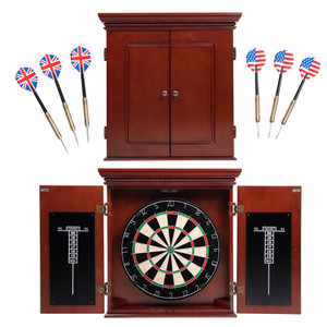 Dartboard Cabinet with Sisal/Bristle Dartboard, Dart Scoreboard, and 6 Steel Tip Darts(Premium Brown）