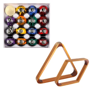 2-1/4" Black Marbelite Swirl Style Pool Balls Set with Pool Ball Racks Set-Oak